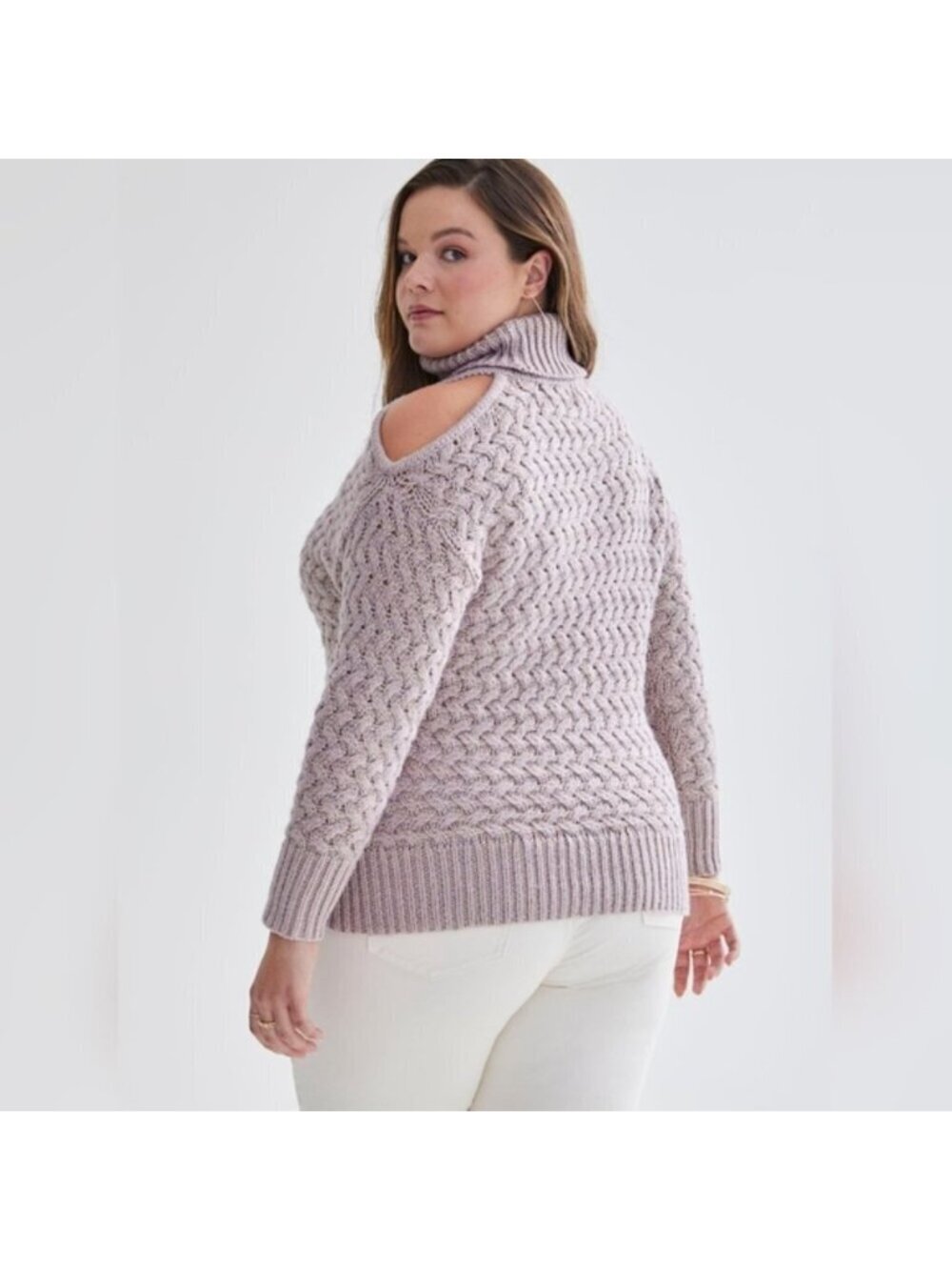 Addition Elle Cable Knit Chunky Turtleneck Sweater Cold Shoulder Tunic winter - Picture 2 of 14